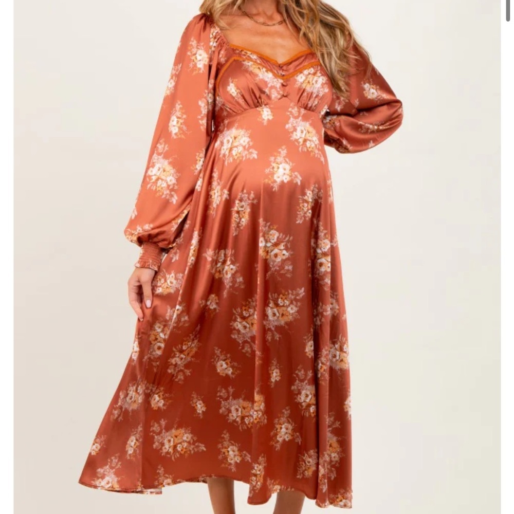Pinkblush rust satin floral. Floral Terracotta Midi Dress.